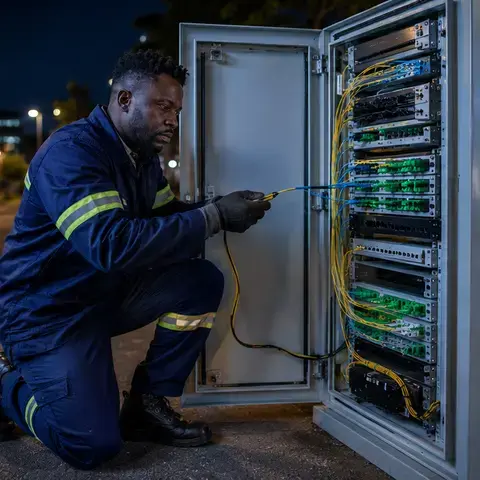 Parktel fibre technician working in an open cabinet